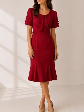 Vintage Bow Neck Fit & Flare Dress Red Retro Party MUXXN Medium Stretch